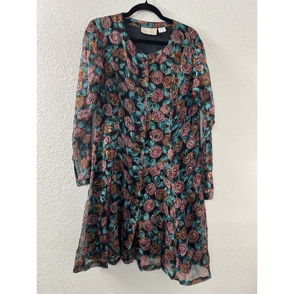 Vintage Passports Pier One Dark Floral 100% Rayon Long Modest Maxi Dress Size M